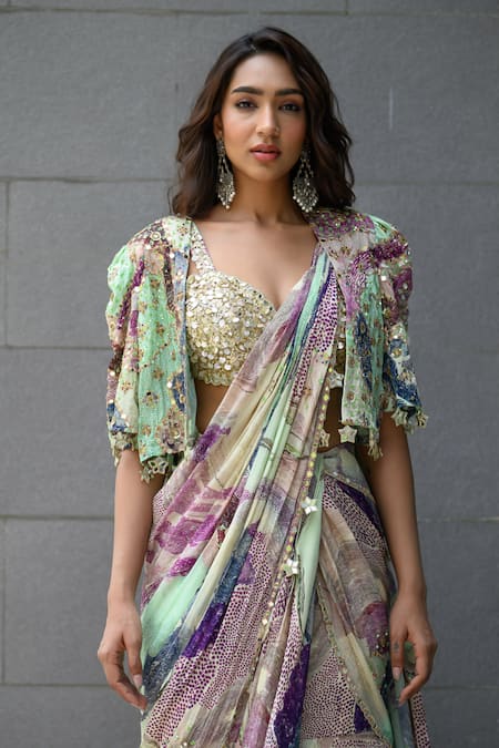 Buy Juhi Bengani Multi Color Organza, Chinon, Satin Sequins Multi-colour Pre-draped Saree Set Online at Aza Fashions Buy_Juhi Bengani_Multi Color Organza, Chinon, Satin Sequins Multi-colour Pre-draped Saree Set _Online_at_Aza_Fashions
