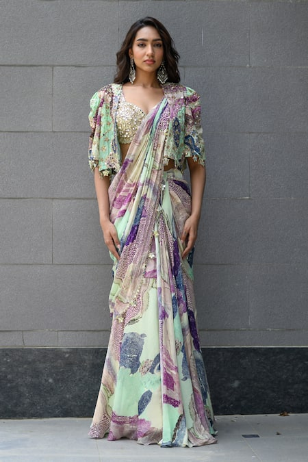 Shop Juhi Bengani Multi Color Organza, Chinon, Satin Sequins Multi-colour Pre-draped Saree Set Online at Aza Fashions Shop_Juhi Bengani_Multi Color Organza, Chinon, Satin Sequins Multi-colour Pre-draped Saree Set _Online_at_Aza_Fashions