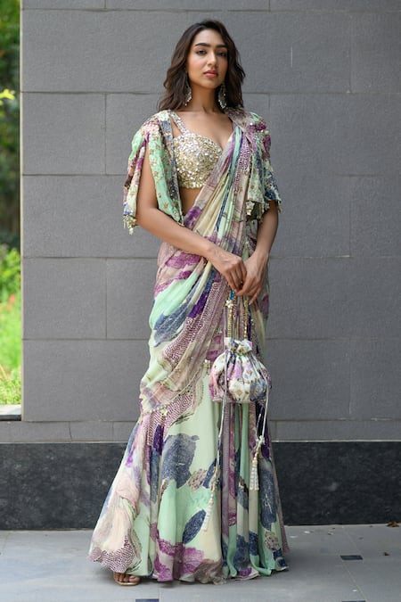 Juhi Bengani Multi Color Organza, Chinon, Satin Sequins Multi-colour Pre-draped Saree Set at Aza Fashions Juhi Bengani_Multi Color Organza, Chinon, Satin Sequins Multi-colour Pre-draped Saree Set _at_Aza_Fashions