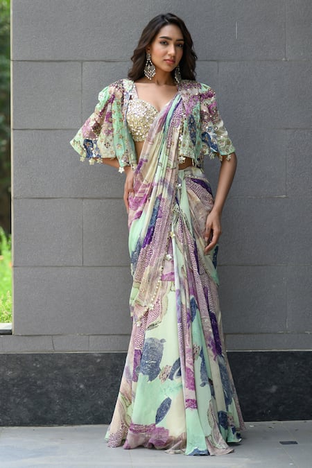 JUHI BENGANI Multi-Colour Pre-Draped Saree Set 