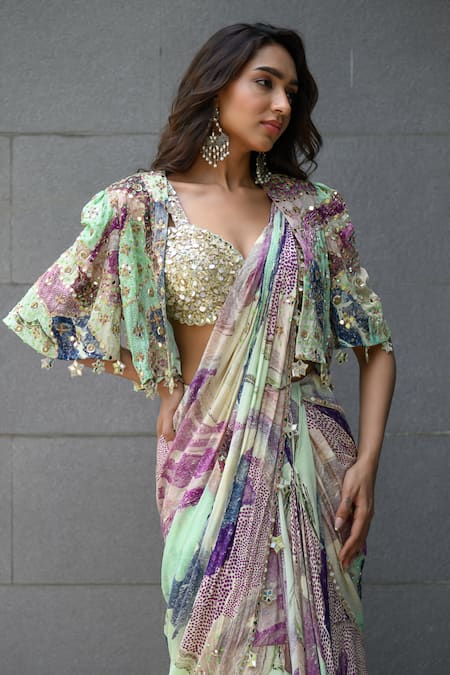 Buy Juhi Bengani Multi Color Organza, Chinon, Satin Sequins Multi-colour Pre-draped Saree Set Buy_Juhi Bengani_Multi Color Organza, Chinon, Satin Sequins Multi-colour Pre-draped Saree Set