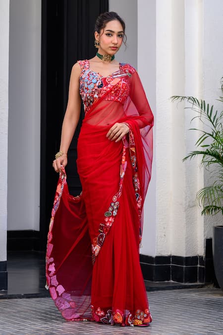 Juhi Bengani Red Embroidered Pre-Draped Saree Set 