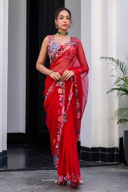 Buy Juhi Bengani Red Organza, Net, Satin Beads, Sequins, Mirrors Embroidered Pre-draped Saree Set Online at Aza Fashions Buy_Juhi Bengani_Red Organza, Net, Satin Beads, Sequins, Mirrors Embroidered Pre-draped Saree Set _Online_at_Aza_Fashions