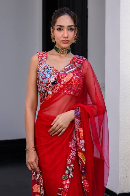 Shop Juhi Bengani Red Organza, Net, Satin Beads, Sequins, Mirrors Embroidered Pre-draped Saree Set Online at Aza Fashions Shop_Juhi Bengani_Red Organza, Net, Satin Beads, Sequins, Mirrors Embroidered Pre-draped Saree Set _Online_at_Aza_Fashions