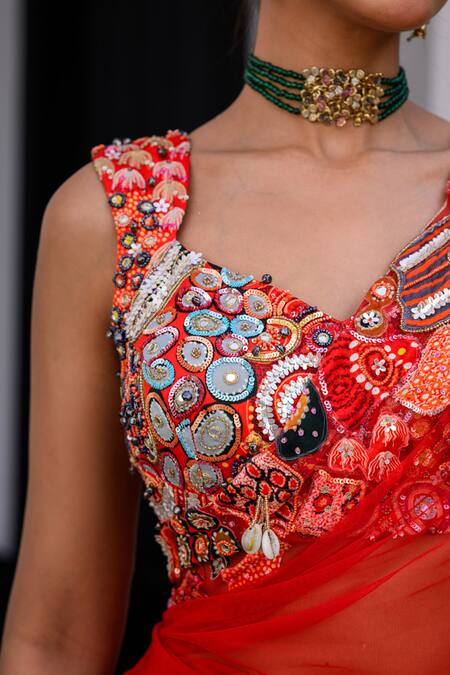 Juhi Bengani Red Organza, Net, Satin Beads, Sequins, Mirrors Embroidered Pre-draped Saree Set at Aza Fashions Juhi Bengani_Red Organza, Net, Satin Beads, Sequins, Mirrors Embroidered Pre-draped Saree Set _at_Aza_Fashions