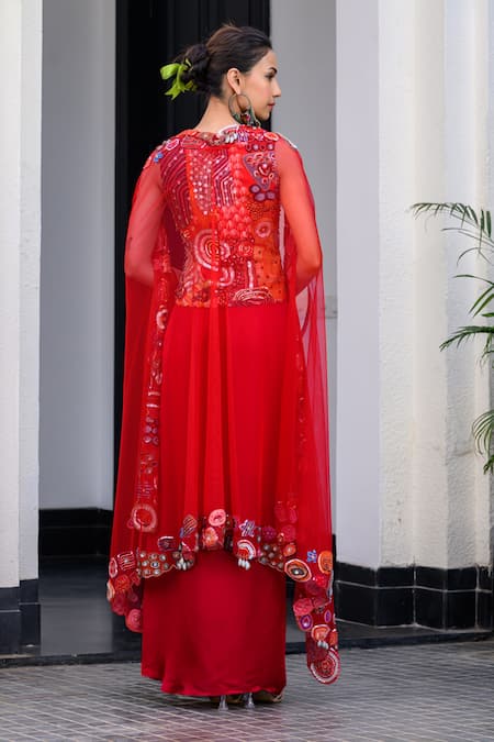 Juhi Bengani Red Silk Satin Cape & Dhoti Skirt Set 