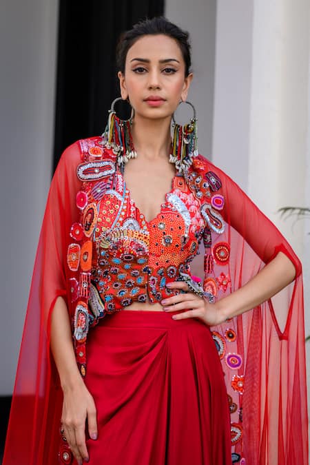 Buy Juhi Bengani Red Silk Satin, Net Embroidery V-neck Cape And Dhoti Skirt Set Buy_Juhi Bengani_Red Silk Satin, Net Embroidery V-neck Cape And Dhoti Skirt Set