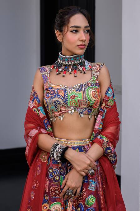 Juhi Bengani_Multi Color Organza, Satin, Net Beads, Sequins Sweetheart Printed Lehenga Set _Online_at_Aza_Fashions