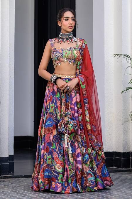 Buy_Juhi Bengani_Multi Color Organza, Satin, Net Beads, Sequins Sweetheart Printed Lehenga Set _Online_at_Aza_Fashions