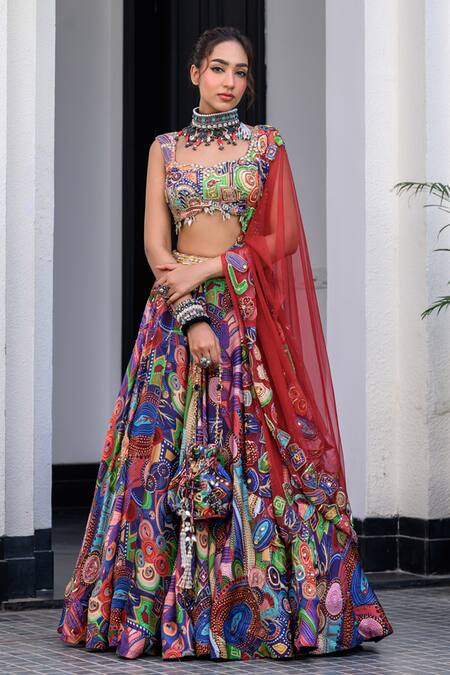Shop_Juhi Bengani_Multi Color Organza, Satin, Net Beads, Sequins Sweetheart Printed Lehenga Set _Online_at_Aza_Fashions