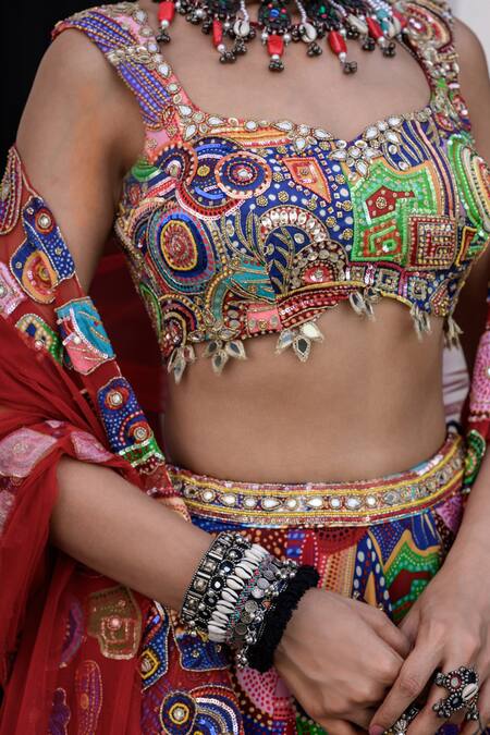 Juhi Bengani_Multi Color Organza, Satin, Net Beads, Sequins Sweetheart Printed Lehenga Set _at_Aza_Fashions