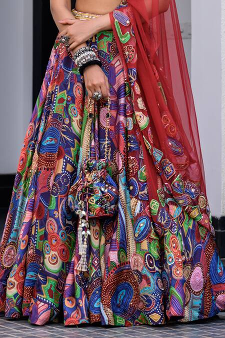 Buy_Juhi Bengani_Multi Color Organza, Satin, Net Beads, Sequins Sweetheart Printed Lehenga Set 