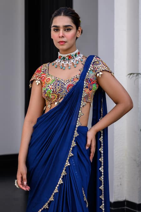 Juhi Bengani Blue Chiffon, Organza, Chinon Sequins, Embroidery Dark Pre-draped Saree Set Online at Aza Fashions Juhi Bengani_Blue Chiffon, Organza, Chinon Sequins, Embroidery Dark Pre-draped Saree Set _Online_at_Aza_Fashions