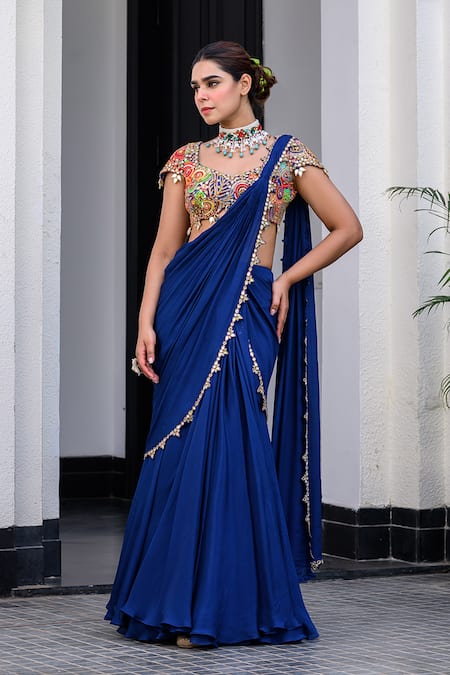 Buy Juhi Bengani Blue Chiffon, Organza, Chinon Sequins, Embroidery Dark Pre-draped Saree Set Online at Aza Fashions Buy_Juhi Bengani_Blue Chiffon, Organza, Chinon Sequins, Embroidery Dark Pre-draped Saree Set _Online_at_Aza_Fashions