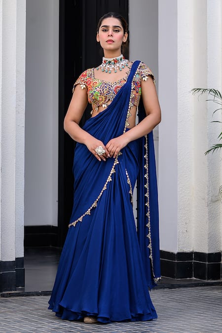 Shop Juhi Bengani Blue Chiffon, Organza, Chinon Sequins, Embroidery Dark Pre-draped Saree Set Online at Aza Fashions Shop_Juhi Bengani_Blue Chiffon, Organza, Chinon Sequins, Embroidery Dark Pre-draped Saree Set _Online_at_Aza_Fashions