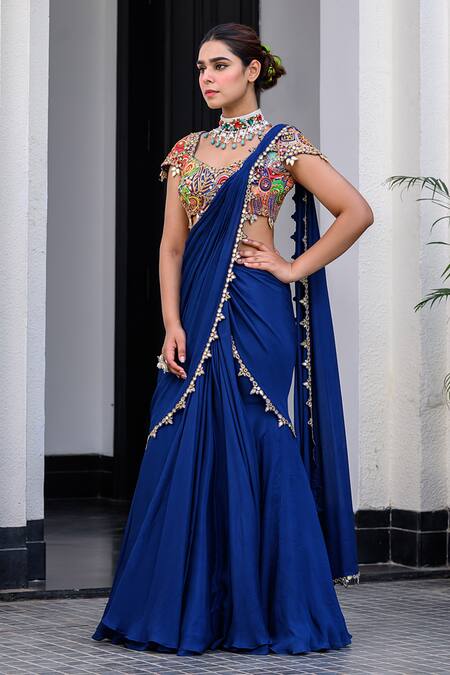 Juhi Bengani Blue Chiffon, Organza, Chinon Sequins, Embroidery Dark Pre-draped Saree Set at Aza Fashions Juhi Bengani_Blue Chiffon, Organza, Chinon Sequins, Embroidery Dark Pre-draped Saree Set _at_Aza_Fashions