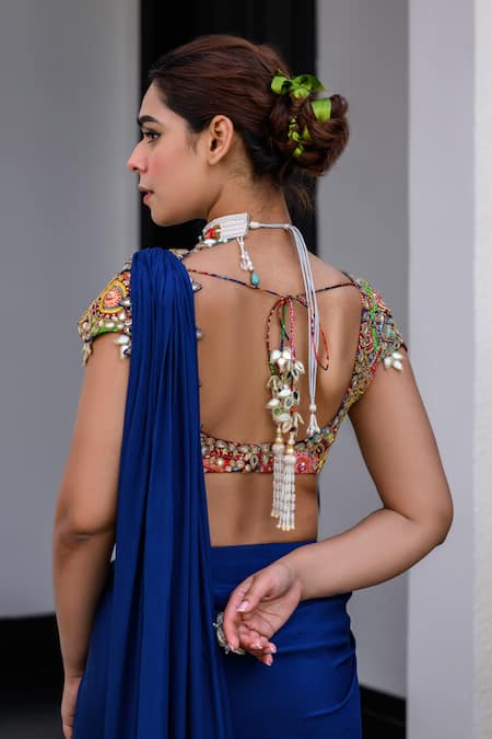 Juhi Bengani Dark Blue Pre-Draped Saree Set 