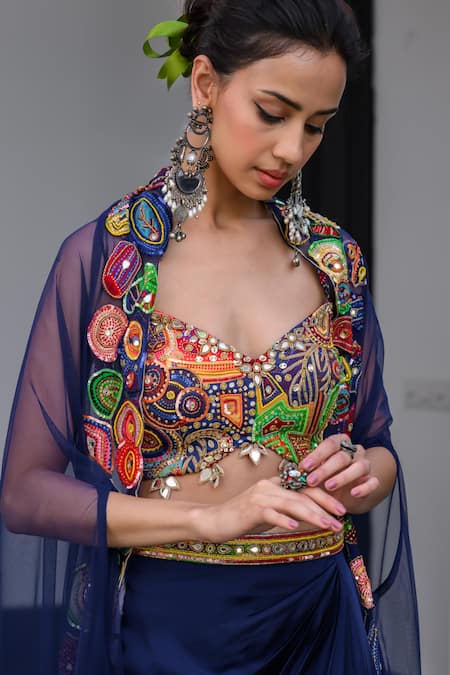 Juhi Bengani_Blue Silk Satin Embroidery Plunge Neck Dark Designer Cape And Dhoti Skirt Set _Online_at_Aza_Fashions