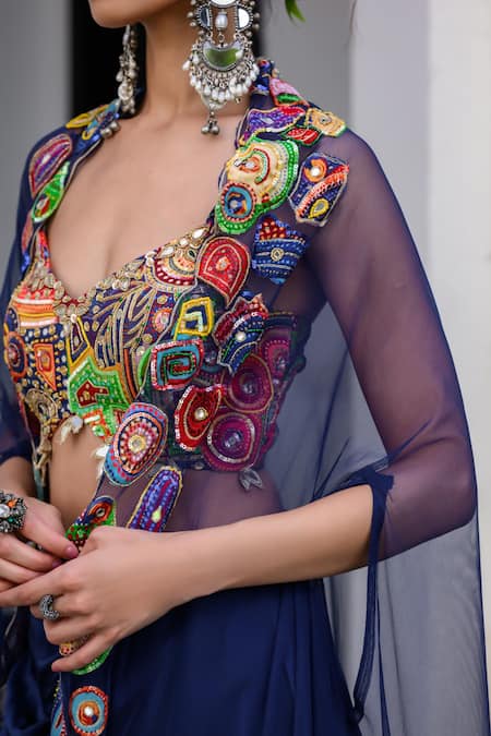 Buy_Juhi Bengani_Blue Silk Satin Embroidery Plunge Neck Dark Designer Cape And Dhoti Skirt Set _Online_at_Aza_Fashions