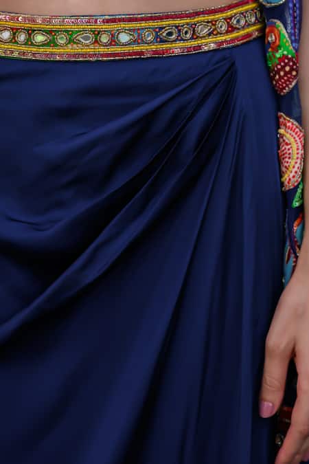 Shop_Juhi Bengani_Blue Silk Satin Embroidery Plunge Neck Dark Designer Cape And Dhoti Skirt Set _Online_at_Aza_Fashions