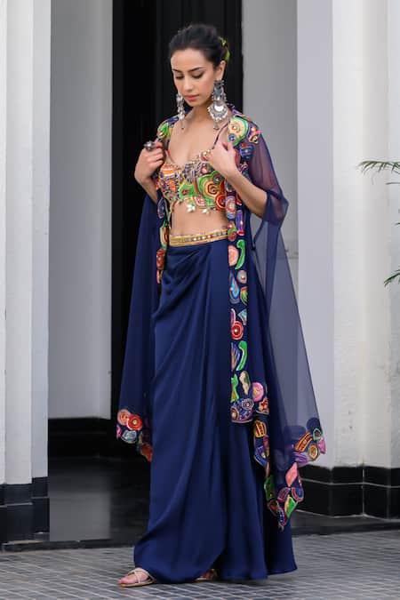Juhi Bengani_Blue Silk Satin Embroidery Plunge Neck Dark Designer Cape And Dhoti Skirt Set _at_Aza_Fashions