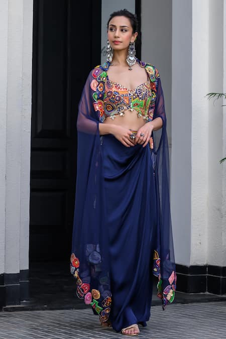 Buy_Juhi Bengani_Blue Silk Satin Embroidery Plunge Neck Dark Designer Cape And Dhoti Skirt Set 