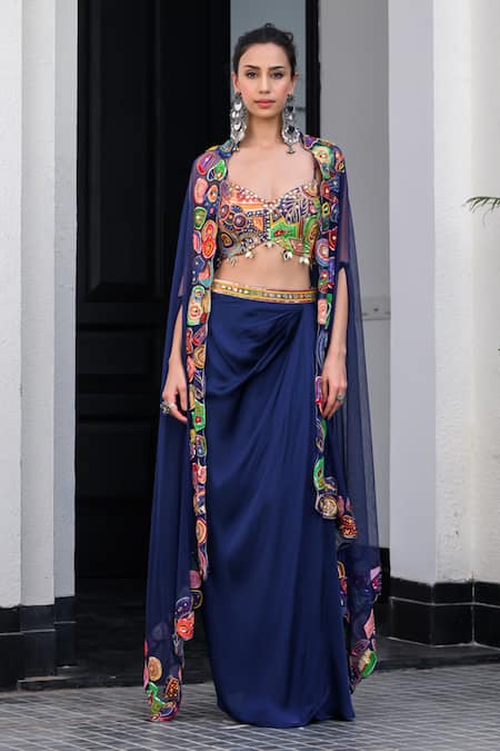 Shop_Juhi Bengani_Blue Silk Satin Embroidery Plunge Neck Dark Designer Cape And Dhoti Skirt Set 