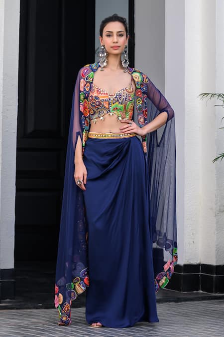 JUHI BENGANI Blue Silk Satin Embroidery Plunge Neck Dark Designer Cape And Dhoti Skirt Set 