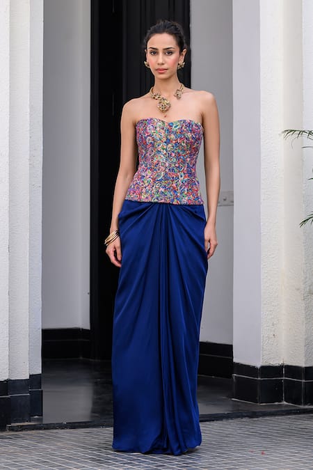 JUHI BENGANI Floral Corset & Draped Skirt Set 