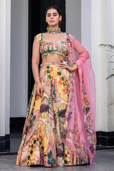 JUHI BENGANI Multi Color Organza, Satin, Net Sequins, Embroidery Printed Lehenga Set 