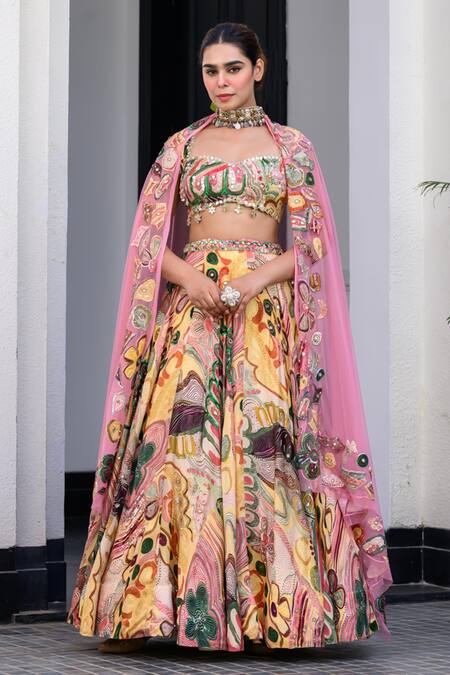 Shop Juhi Bengani Multi Color Organza, Satin, Net Sequins, Embroidery Printed Lehenga Set Online at Aza Fashions Shop_Juhi Bengani_Multi Color Organza, Satin, Net Sequins, Embroidery Printed Lehenga Set _Online_at_Aza_Fashions