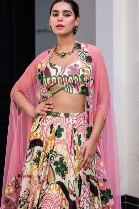 Juhi Bengani_Multi Color Organza, Satin, Net Sequins, Embroidery Scoop Printed Lehenga Set_Online_at_Aza_Fashions