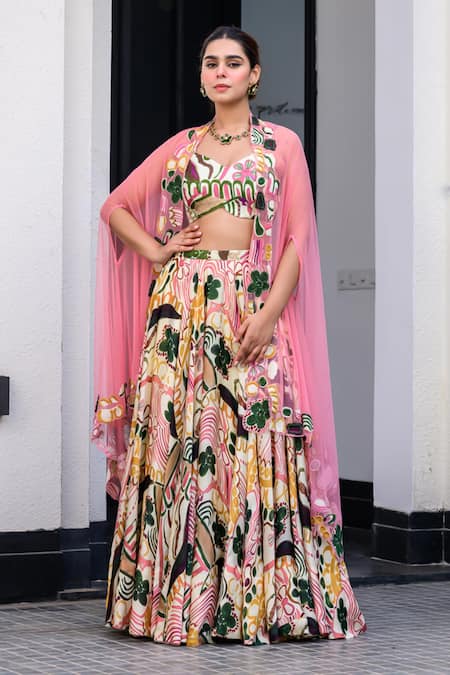 Buy_Juhi Bengani_Multi Color Organza, Satin, Net Sequins, Embroidery Scoop Printed Lehenga Set_Online_at_Aza_Fashions