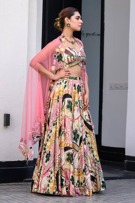 Juhi Bengani_Multi Color Organza, Satin, Net Sequins, Embroidery Scoop Printed Lehenga Set_at_Aza_Fashions