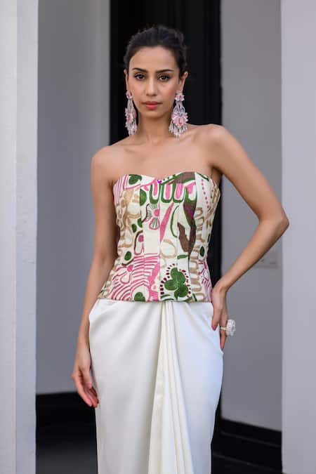 Buy_Juhi Bengani_Multi Color Satin, Organza Embroidery Sweetheart Neck Fusion Corset And Skirt Set _Online_at_Aza_Fashions