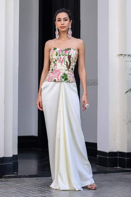Shop_Juhi Bengani_Multi Color Satin, Organza Embroidery Sweetheart Neck Fusion Corset And Skirt Set _Online_at_Aza_Fashions