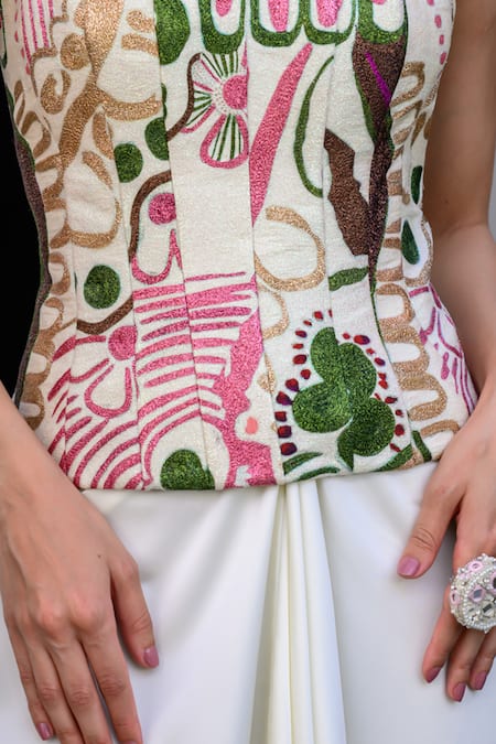 Juhi Bengani_Multi Color Satin, Organza Embroidery Sweetheart Neck Fusion Corset And Skirt Set _at_Aza_Fashions