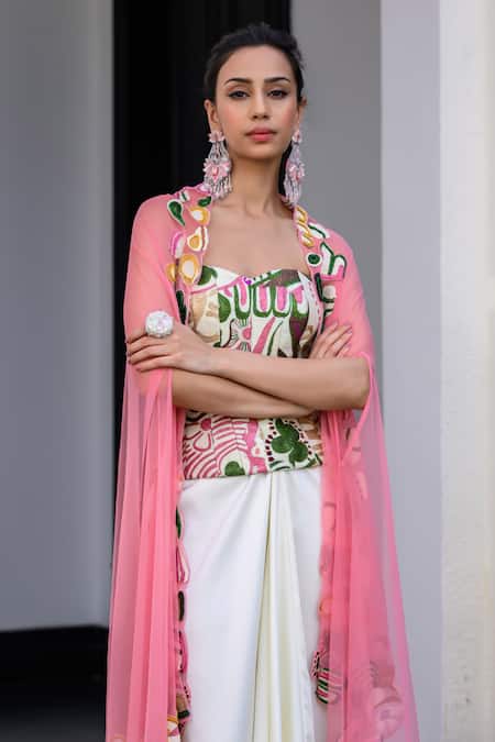 Juhi Bengani_Multi Color Satin, Silk, Organza, Net Embroidery Cape Corset And Skirt Set _Online_at_Aza_Fashions