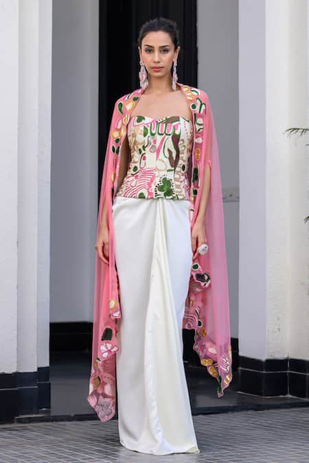 Shop_Juhi Bengani_Multi Color Satin, Silk, Organza, Net Embroidery Cape Corset And Skirt Set _Online_at_Aza_Fashions