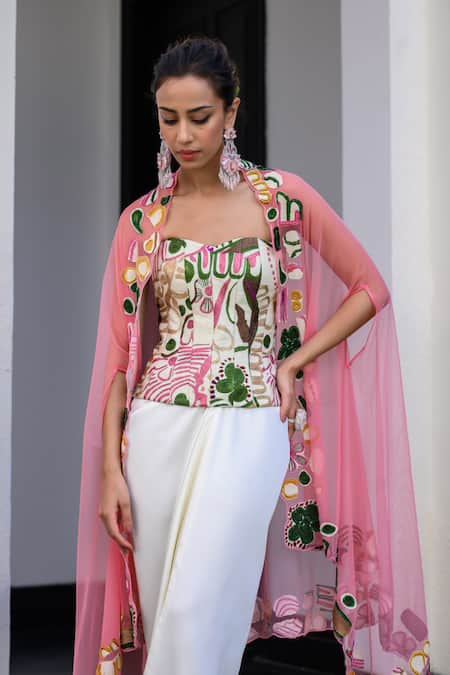Juhi Bengani_Multi Color Satin, Silk, Organza, Net Embroidery Cape Corset And Skirt Set _at_Aza_Fashions