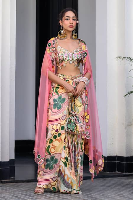 JUHI BENGANI Pink Silk Satin Beads, Sequins, Embroidery Multi Colour Fusion Cape And Dhoti Set 