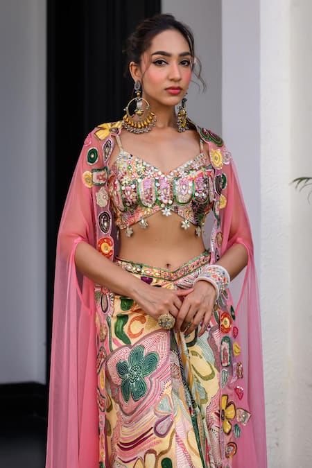 Juhi Bengani_Pink Silk Satin Beads, Sequins, Embroidery Multi Colour Fusion Cape And Dhoti Set _Online_at_Aza_Fashions