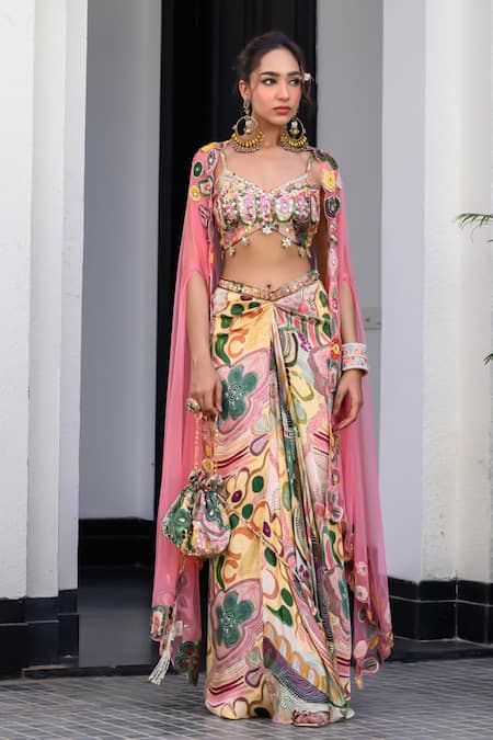 Buy_Juhi Bengani_Pink Silk Satin Beads, Sequins, Embroidery Multi Colour Fusion Cape And Dhoti Set _Online_at_Aza_Fashions