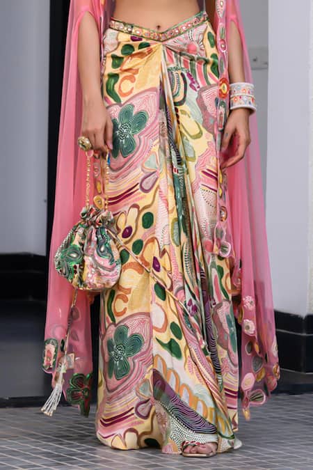 Shop_Juhi Bengani_Pink Silk Satin Beads, Sequins, Embroidery Multi Colour Fusion Cape And Dhoti Set _Online_at_Aza_Fashions