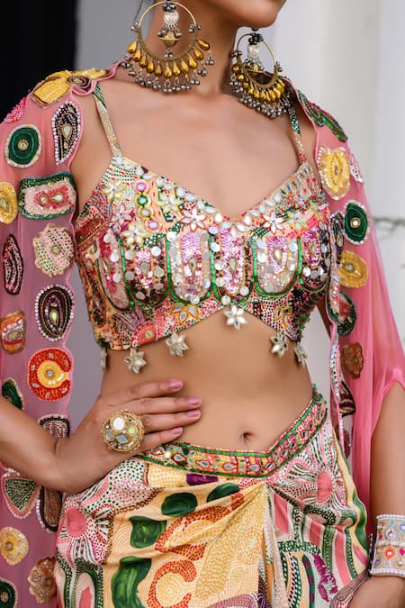 Juhi Bengani_Pink Silk Satin Beads, Sequins, Embroidery Multi Colour Fusion Cape And Dhoti Set _at_Aza_Fashions