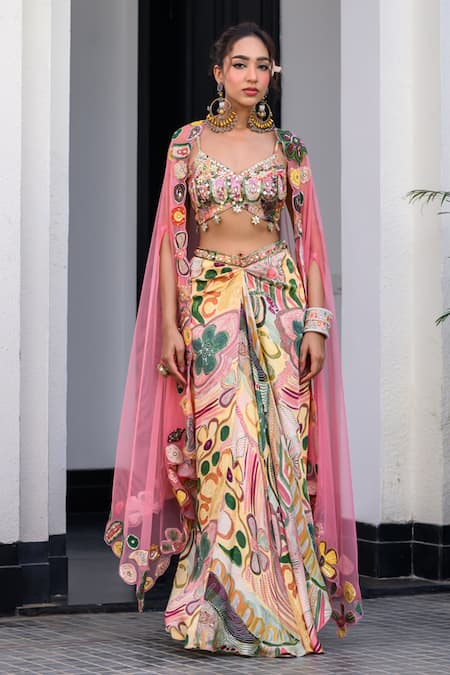 Shop_Juhi Bengani_Pink Silk Satin Beads, Sequins, Embroidery Multi Colour Fusion Cape And Dhoti Set 