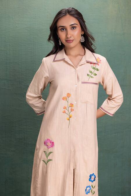 Kahani Lush Beige Cotton Embroidery Collared Machine Cord Set Online at Aza Fashions Kahani Lush_Beige Cotton Embroidery Collared Machine Cord Set _Online_at_Aza_Fashions