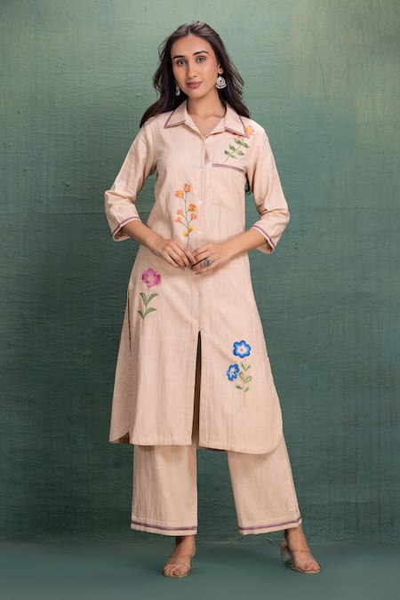 Kahani Lush Beige Cotton Embroidery Collared Machine Cord Set 