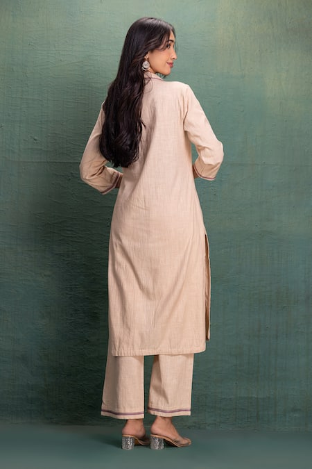 Shop Kahani Lush Beige Cotton Embroidery Collared Machine Cord Set at Aza Fashions Shop_Kahani Lush_Beige Cotton Embroidery Collared Machine Cord Set _at_Aza_Fashions