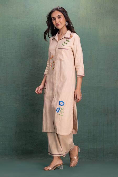 Buy Kahani Lush Beige Cotton Embroidery Collared Machine Cord Set Online at Aza Fashions Buy_Kahani Lush_Beige Cotton Embroidery Collared Machine Cord Set _Online_at_Aza_Fashions